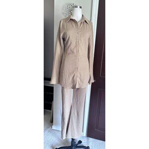 2pc pants set by et clet WIND DOWN taupe button down blouse with elastic pants M